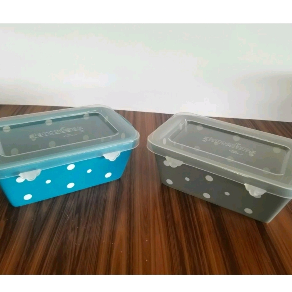 Temp-tations By Tara 2 Ceramic Mini Loaf Pans POLKA DOT Turqoise Gray With Lids.